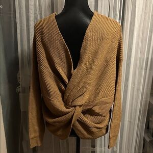 Blue Blush V-Neck Twist Sweater - Camel